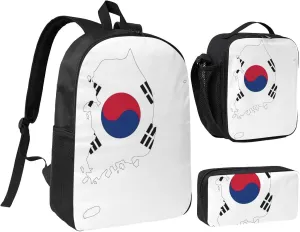 Republic of Korea Flag Map print Backpack Set Casual Shoulder Bag Lunch Bag Pen Pouch 3 in 1 Set 17inch for Women Men College