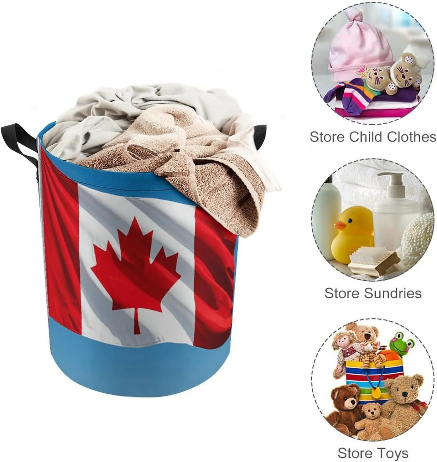 Retro Canada Flag Laundry Bag Round Laundry Basket Collapsible Hamper with Handles Drawstring Closure Waterproof Storage Basket Dirty Clothes Organizer for Bedroom Bathroom Dorm 17" X 17"