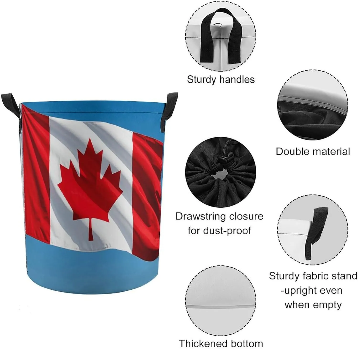 Retro Canada Flag Laundry Bag Round Laundry Basket Collapsible Hamper with Handles Drawstring Closure Waterproof Storage Basket Dirty Clothes Organizer for Bedroom Bathroom Dorm 17" X 17"
