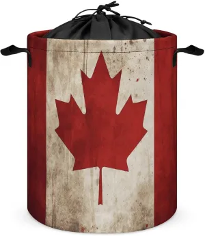 Retro Canada Flag Laundry Bag Round Laundry Basket Collapsible Hamper with Handles Drawstring Closure Waterproof Storage Basket Dirty Clothes Organizer for Bedroom Bathroom Dorm 17" X 17"