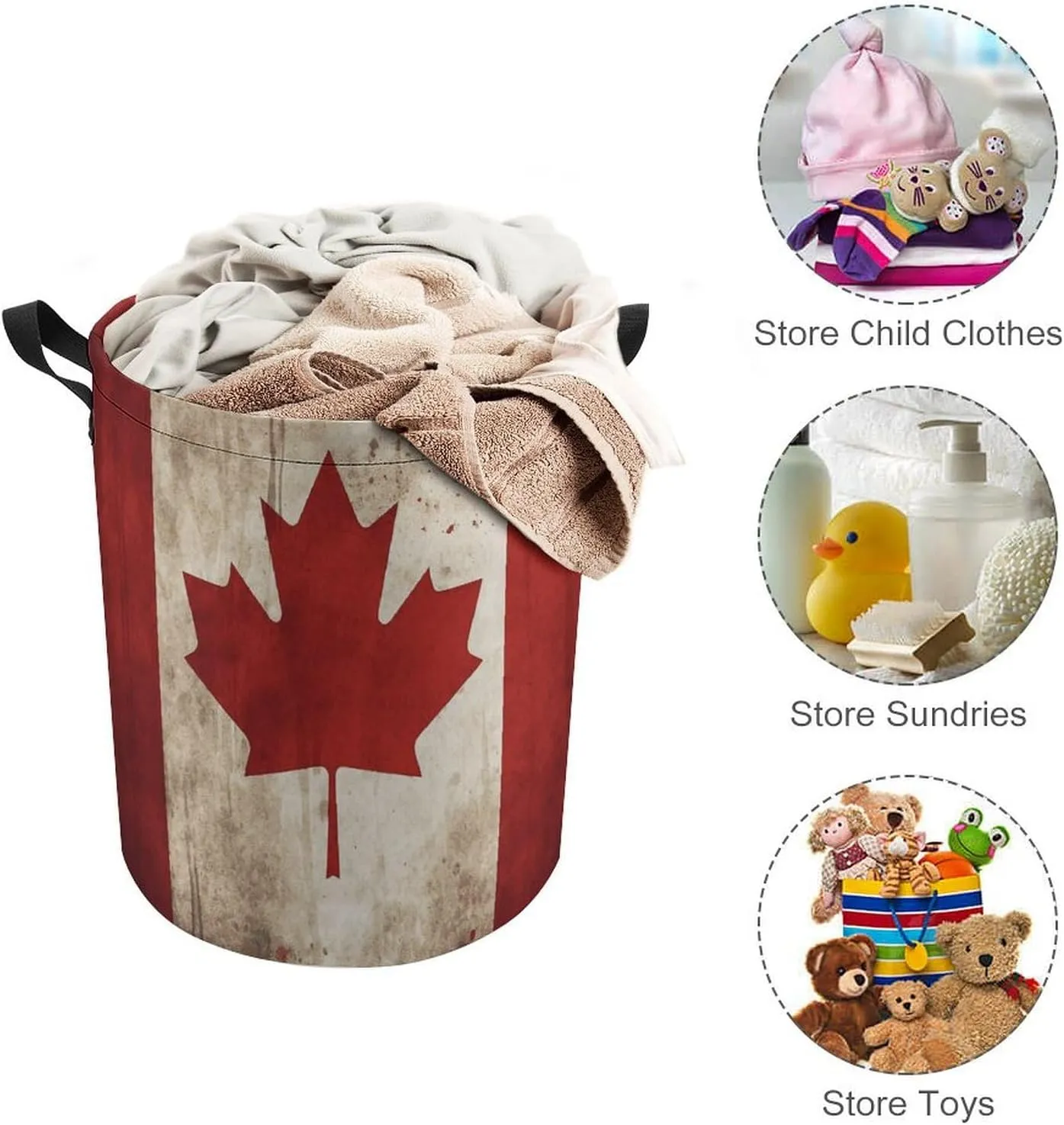 Retro Canada Flag Laundry Bag Round Laundry Basket Collapsible Hamper with Handles Drawstring Closure Waterproof Storage Basket Dirty Clothes Organizer for Bedroom Bathroom Dorm 17" X 17"