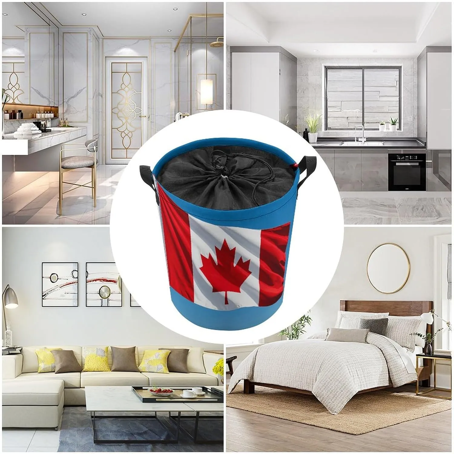 Retro Canada Flag Laundry Bag Round Laundry Basket Collapsible Hamper with Handles Drawstring Closure Waterproof Storage Basket Dirty Clothes Organizer for Bedroom Bathroom Dorm 17" X 17"