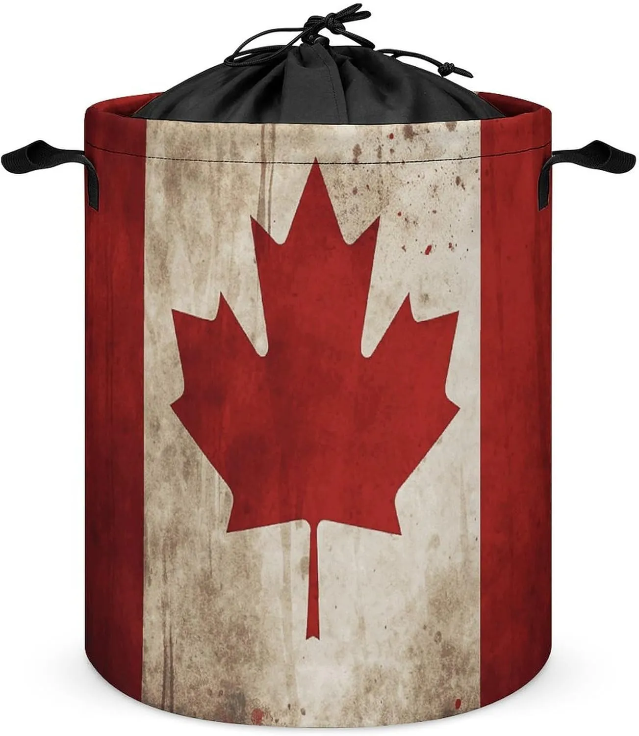 Retro Canada Flag Laundry Bag Round Laundry Basket Collapsible Hamper with Handles Drawstring Closure Waterproof Storage Basket Dirty Clothes Organizer for Bedroom Bathroom Dorm 17" X 17"