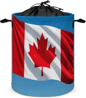 Retro Canada Flag Laundry Bag Round Laundry Basket Collapsible Hamper with Handles Drawstring Closure Waterproof Storage Basket Dirty Clothes Organizer for Bedroom Bathroom Dorm 17" X 17"