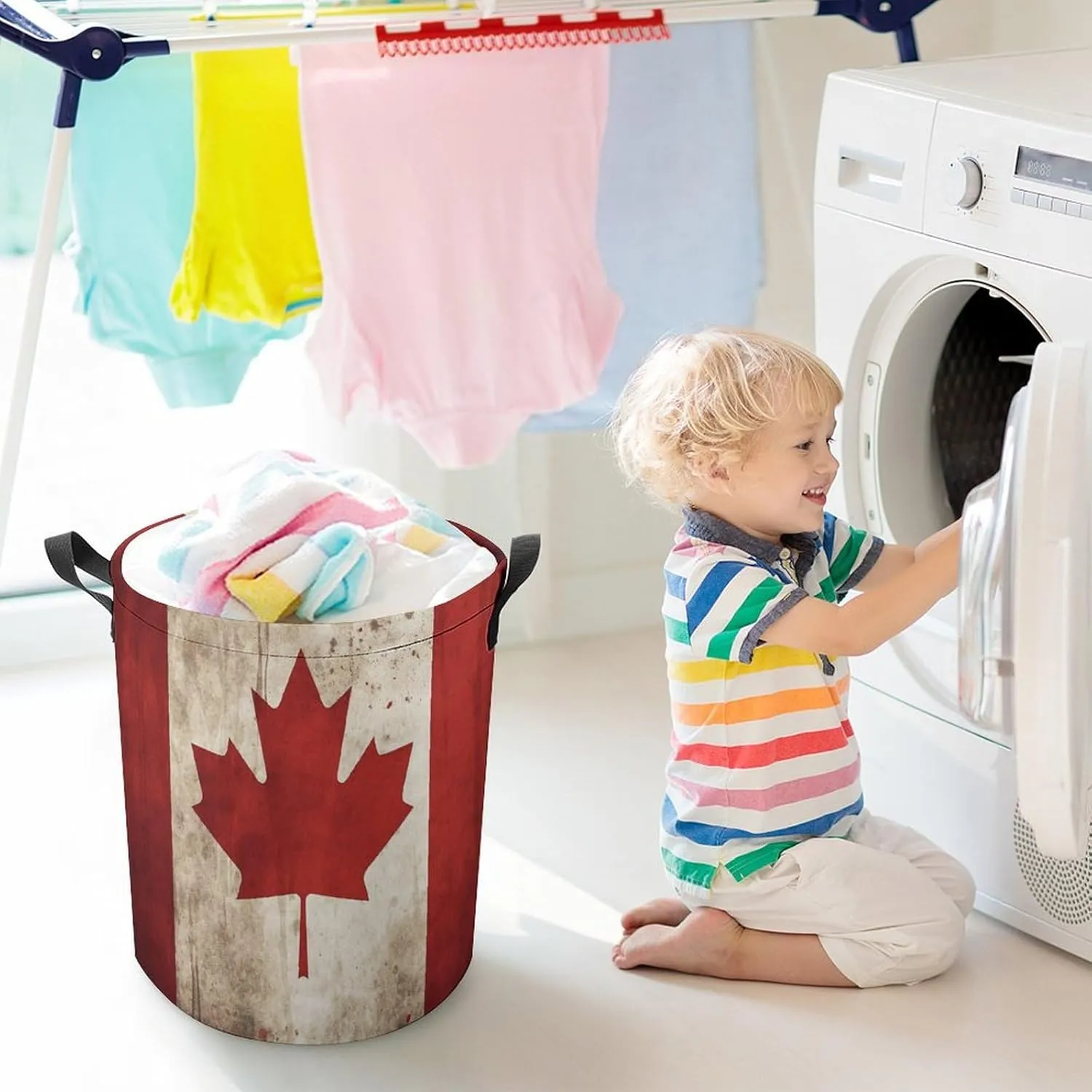 Retro Canada Flag Laundry Bag Round Laundry Basket Collapsible Hamper with Handles Drawstring Closure Waterproof Storage Basket Dirty Clothes Organizer for Bedroom Bathroom Dorm 17" X 17"