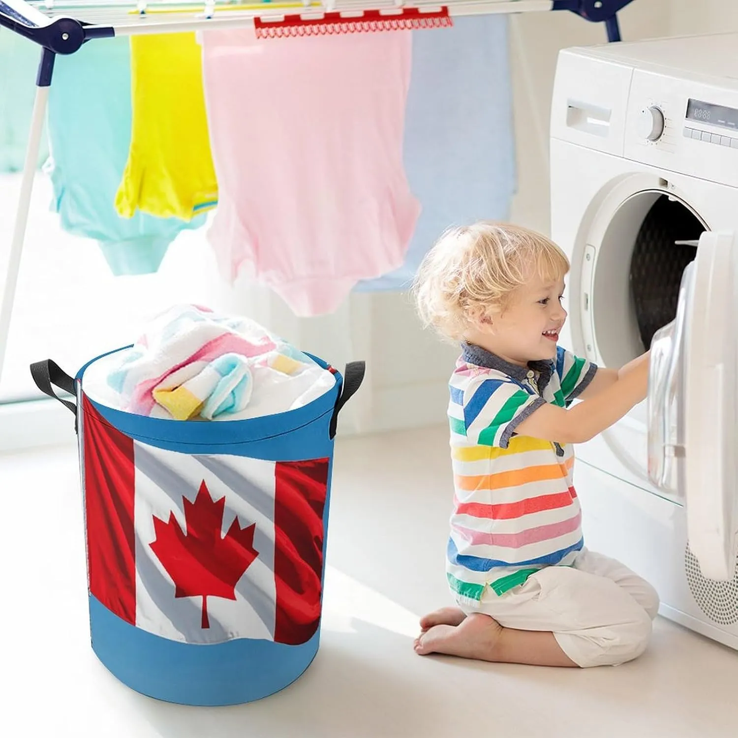 Retro Canada Flag Laundry Bag Round Laundry Basket Collapsible Hamper with Handles Drawstring Closure Waterproof Storage Basket Dirty Clothes Organizer for Bedroom Bathroom Dorm 17" X 17"