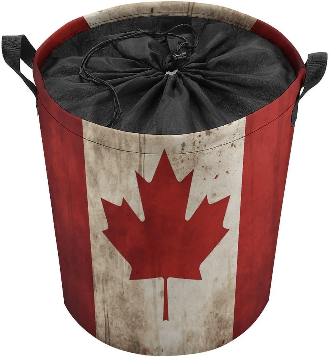 Retro Canada Flag Laundry Bag Round Laundry Basket Collapsible Hamper with Handles Drawstring Closure Waterproof Storage Basket Dirty Clothes Organizer for Bedroom Bathroom Dorm 17" X 17"