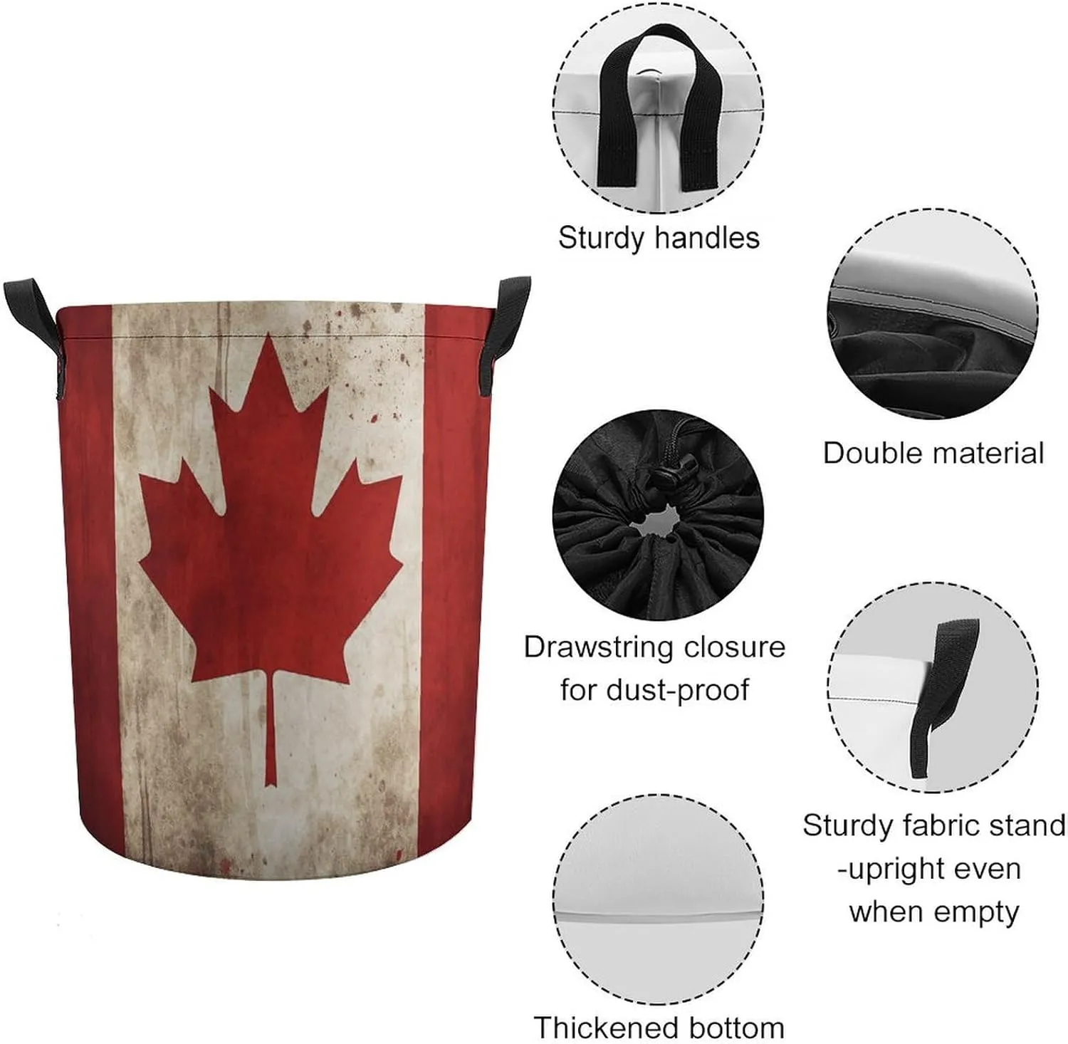Retro Canada Flag Laundry Bag Round Laundry Basket Collapsible Hamper with Handles Drawstring Closure Waterproof Storage Basket Dirty Clothes Organizer for Bedroom Bathroom Dorm 17" X 17"
