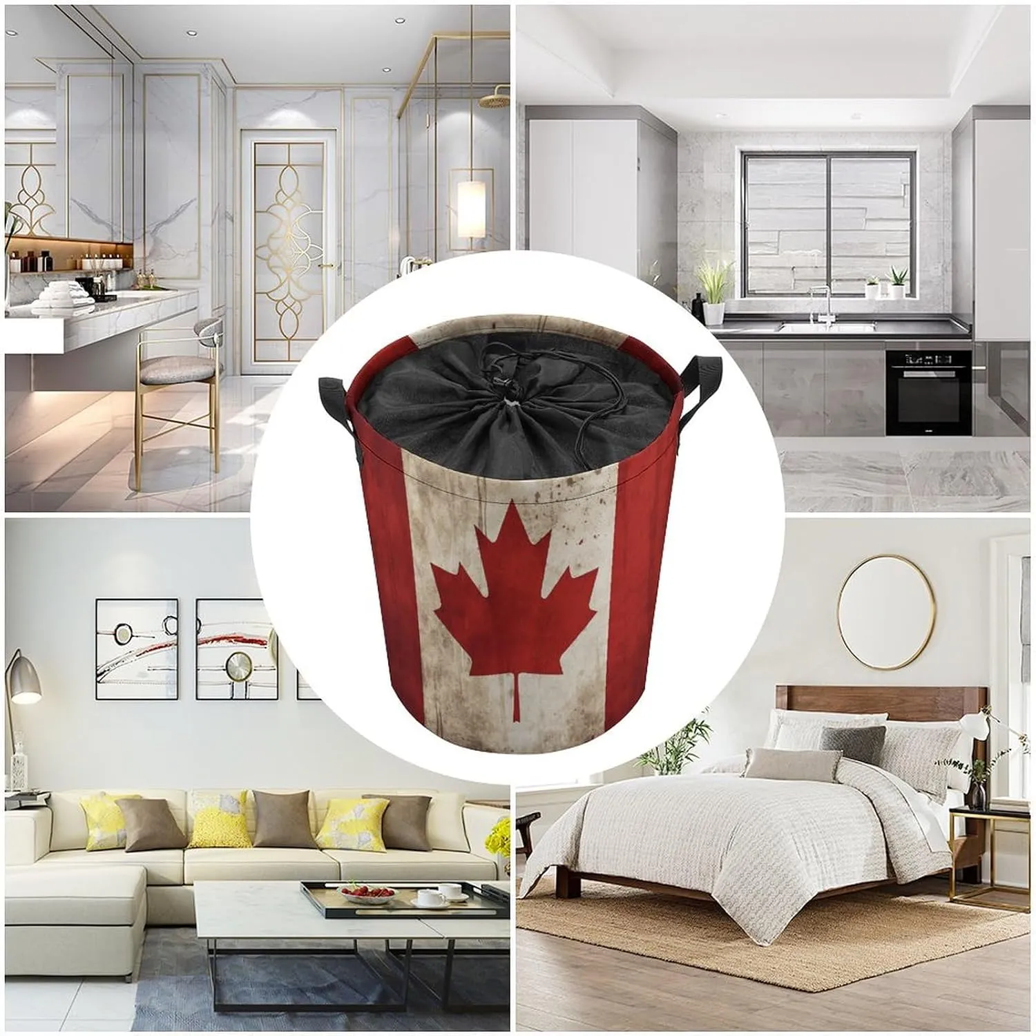 Retro Canada Flag Laundry Bag Round Laundry Basket Collapsible Hamper with Handles Drawstring Closure Waterproof Storage Basket Dirty Clothes Organizer for Bedroom Bathroom Dorm 17" X 17"