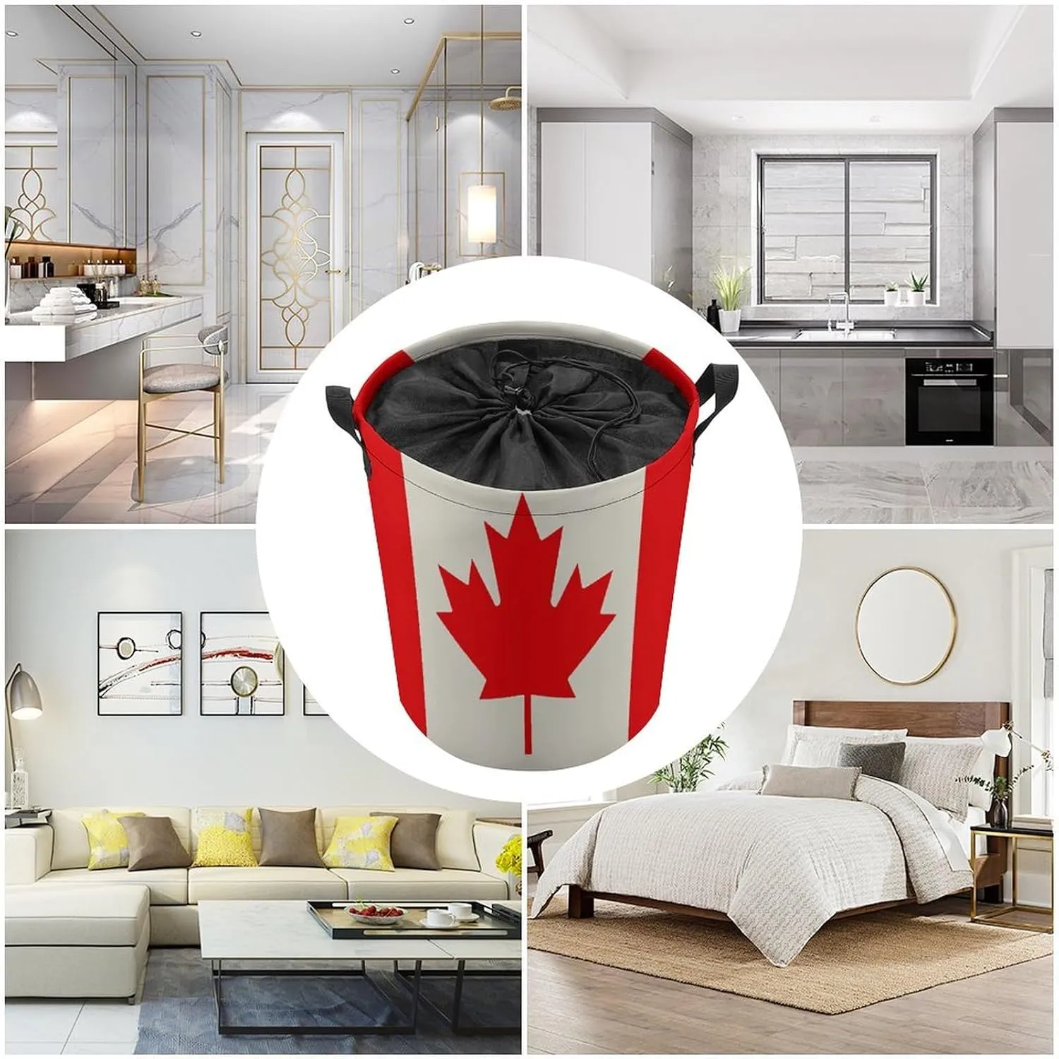 Retro Canada Flag Pattern Laundry Bag Round Laundry Basket Collapsible Hamper with Handles Drawstring Closure Waterproof Storage Basket Dirty Clothes Organizer for Bedroom Bathroom Dorm 17" X 17"