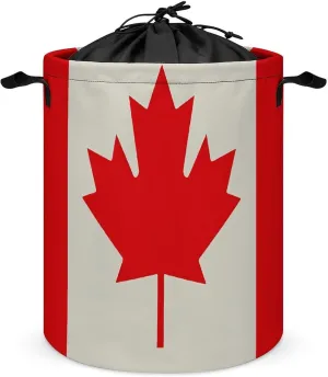 Retro Canada Flag Pattern Laundry Bag Round Laundry Basket Collapsible Hamper with Handles Drawstring Closure Waterproof Storage Basket Dirty Clothes Organizer for Bedroom Bathroom Dorm 17" X 17"