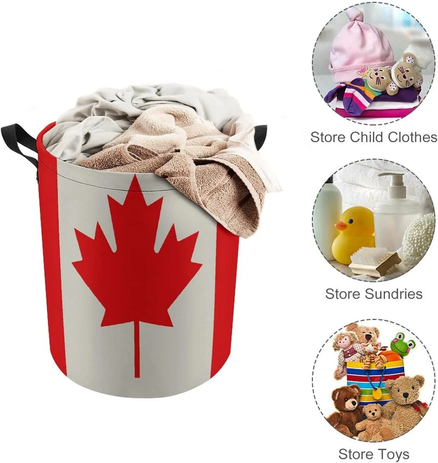 Retro Canada Flag Pattern Laundry Bag Round Laundry Basket Collapsible Hamper with Handles Drawstring Closure Waterproof Storage Basket Dirty Clothes Organizer for Bedroom Bathroom Dorm 17" X 17"