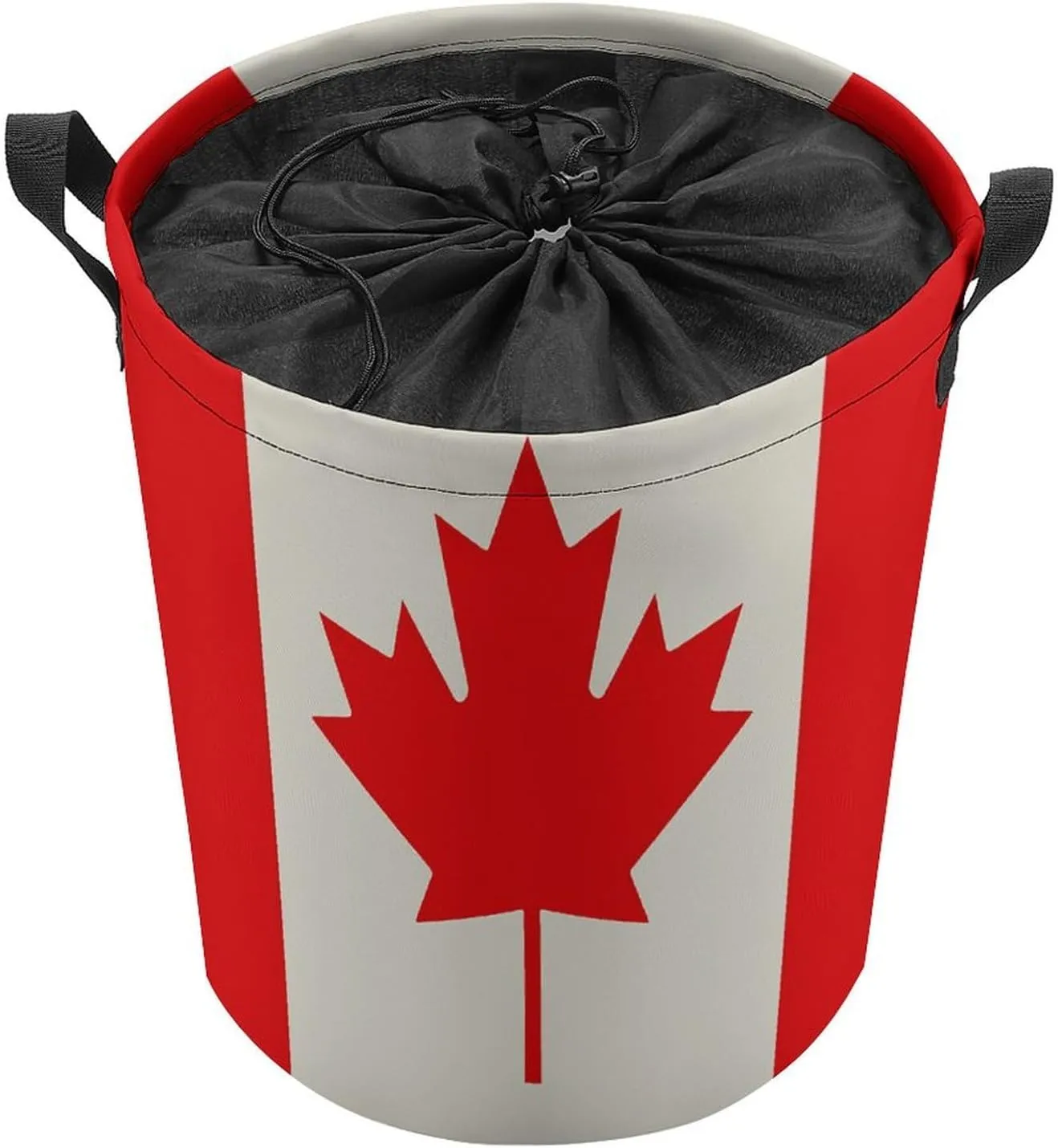 Retro Canada Flag Pattern Laundry Bag Round Laundry Basket Collapsible Hamper with Handles Drawstring Closure Waterproof Storage Basket Dirty Clothes Organizer for Bedroom Bathroom Dorm 17" X 17"