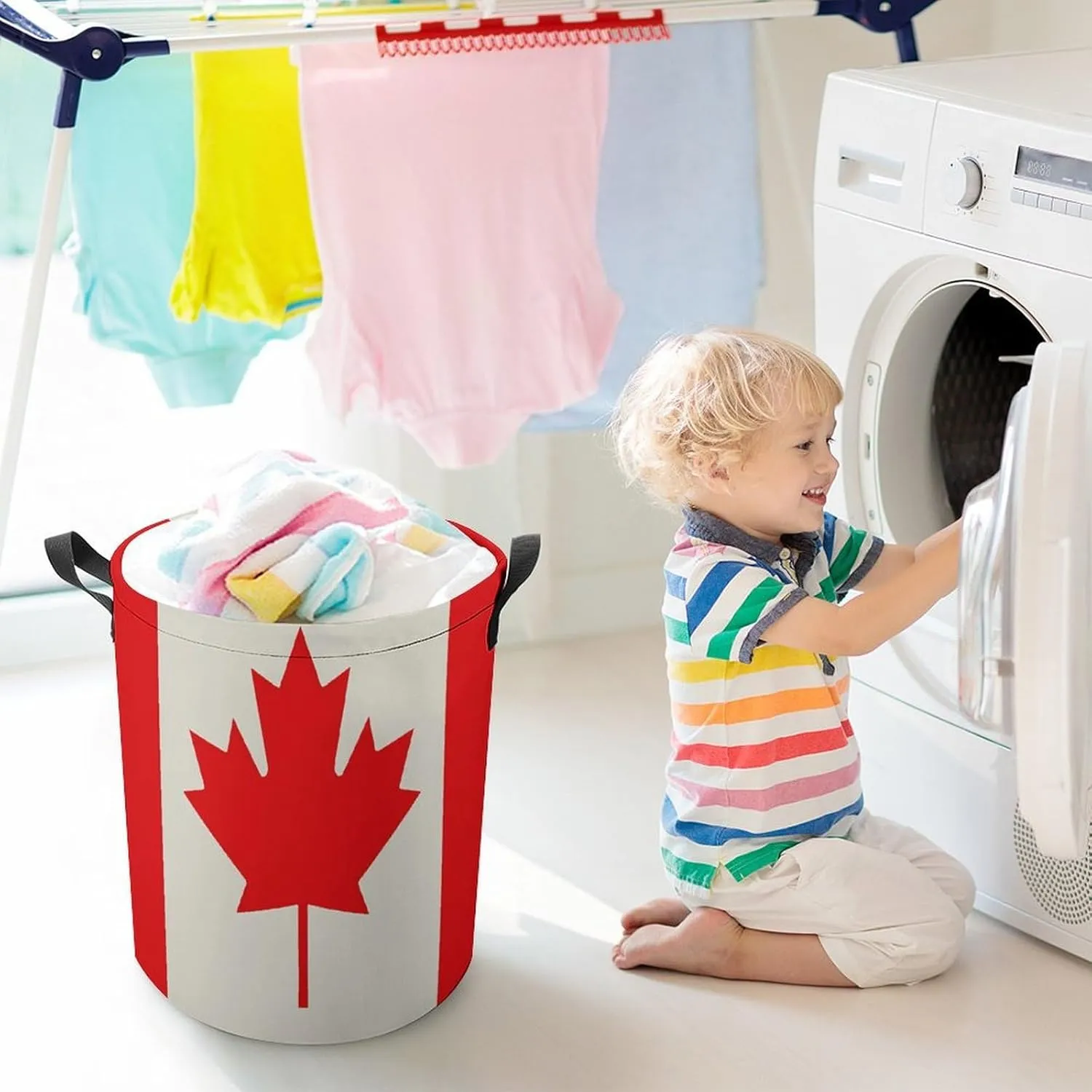 Retro Canada Flag Pattern Laundry Bag Round Laundry Basket Collapsible Hamper with Handles Drawstring Closure Waterproof Storage Basket Dirty Clothes Organizer for Bedroom Bathroom Dorm 17" X 17"