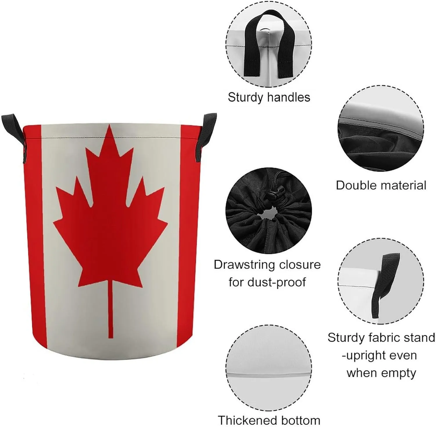 Retro Canada Flag Pattern Laundry Bag Round Laundry Basket Collapsible Hamper with Handles Drawstring Closure Waterproof Storage Basket Dirty Clothes Organizer for Bedroom Bathroom Dorm 17" X 17"