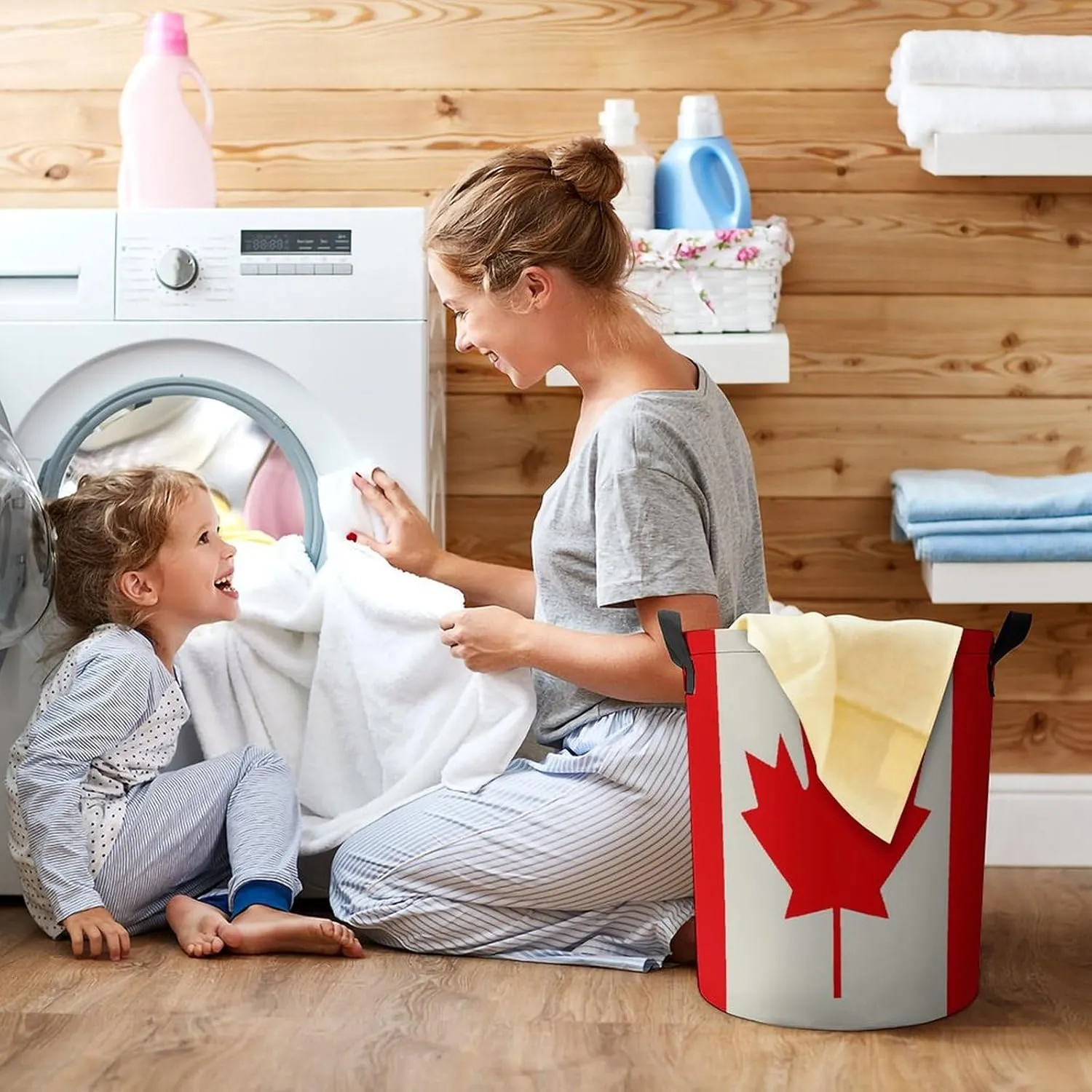 Retro Canada Flag Pattern Laundry Bag Round Laundry Basket Collapsible Hamper with Handles Drawstring Closure Waterproof Storage Basket Dirty Clothes Organizer for Bedroom Bathroom Dorm 17" X 17"
