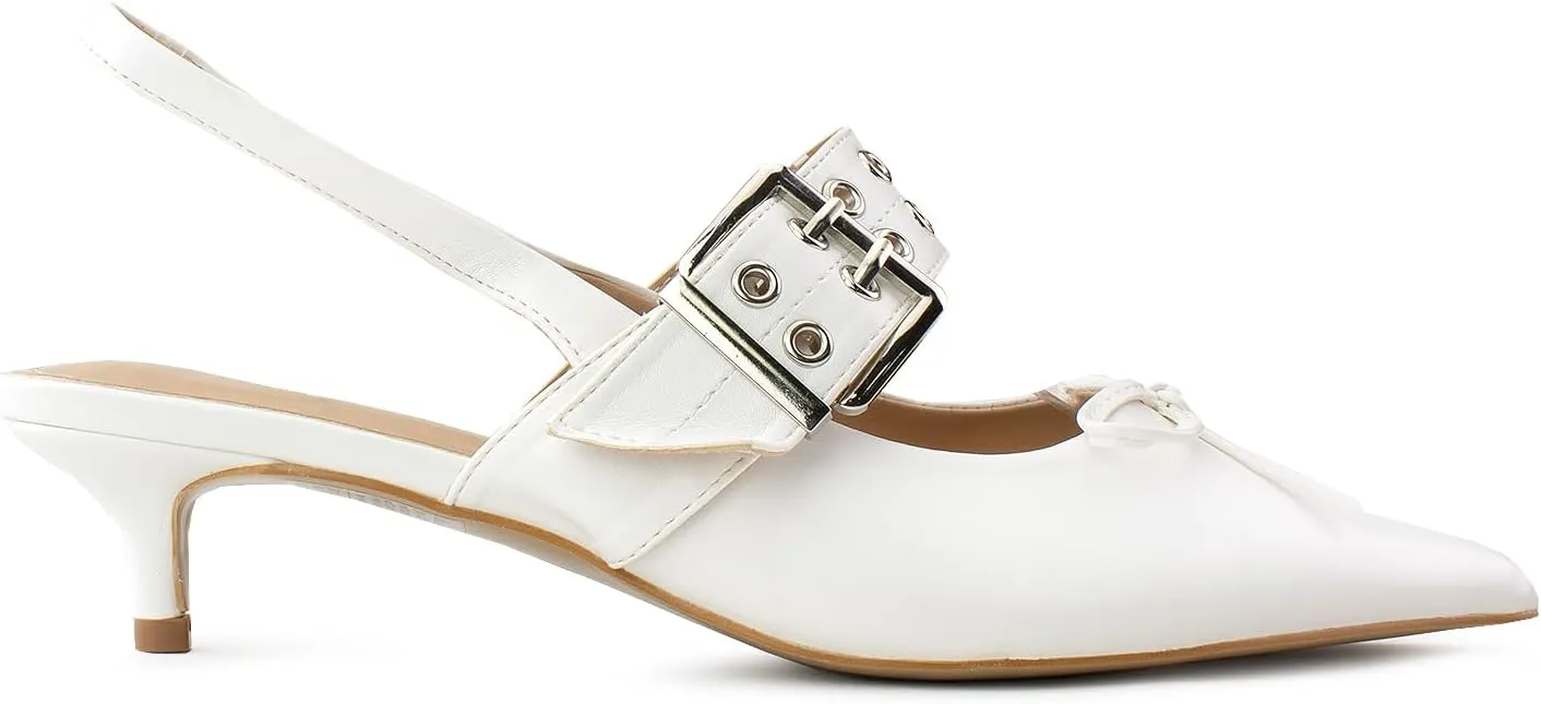 RF ROOM OF FASHION Women's Pointed Toe Slingback Mule Kitten Heel Pumps, Buckle Crystal Jeweled Design, Mary Jane Style
