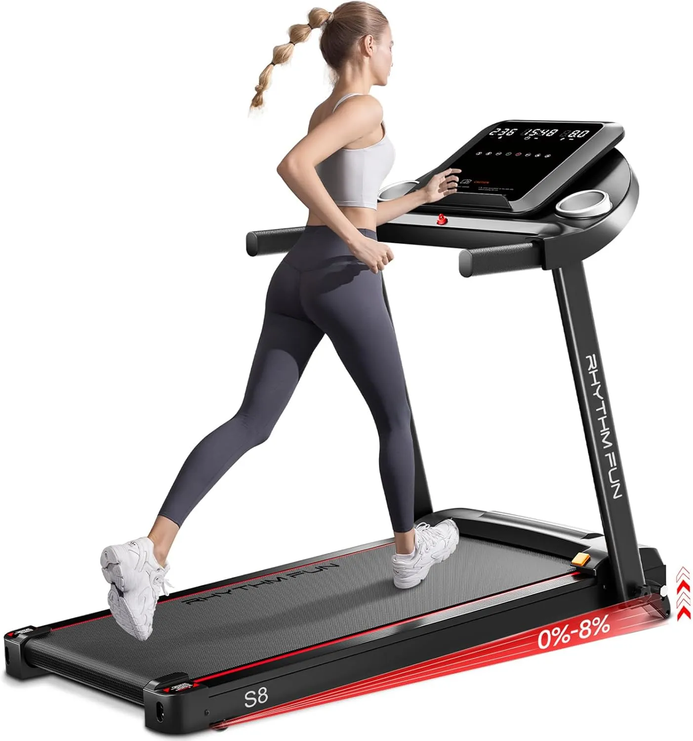 RHYTHM FUN Treadmills for Home, 8.0 MPH Walking Pad Treadmill with Incline up to 8%, Foldable Treadmill with Handles, Low Noise Walking Pad for 300 lbs