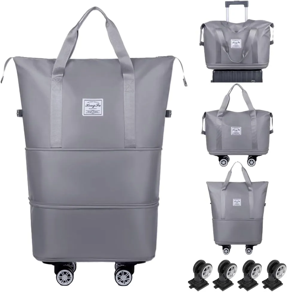 Rolling Duffle Bag with Wheels Foldable Travel Duffle Bags Expandable Carry on Luggage Bag with Detachable Wheels Large Weekender Overnight Bag (Grey)