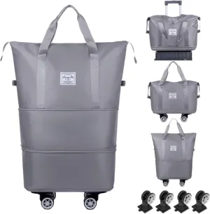Rolling Duffle Bag with Wheels Foldable Travel Duffle Bags Expandable Carry on Luggage Bag with Detachable Wheels Large Weekender Overnight Bag (Grey)