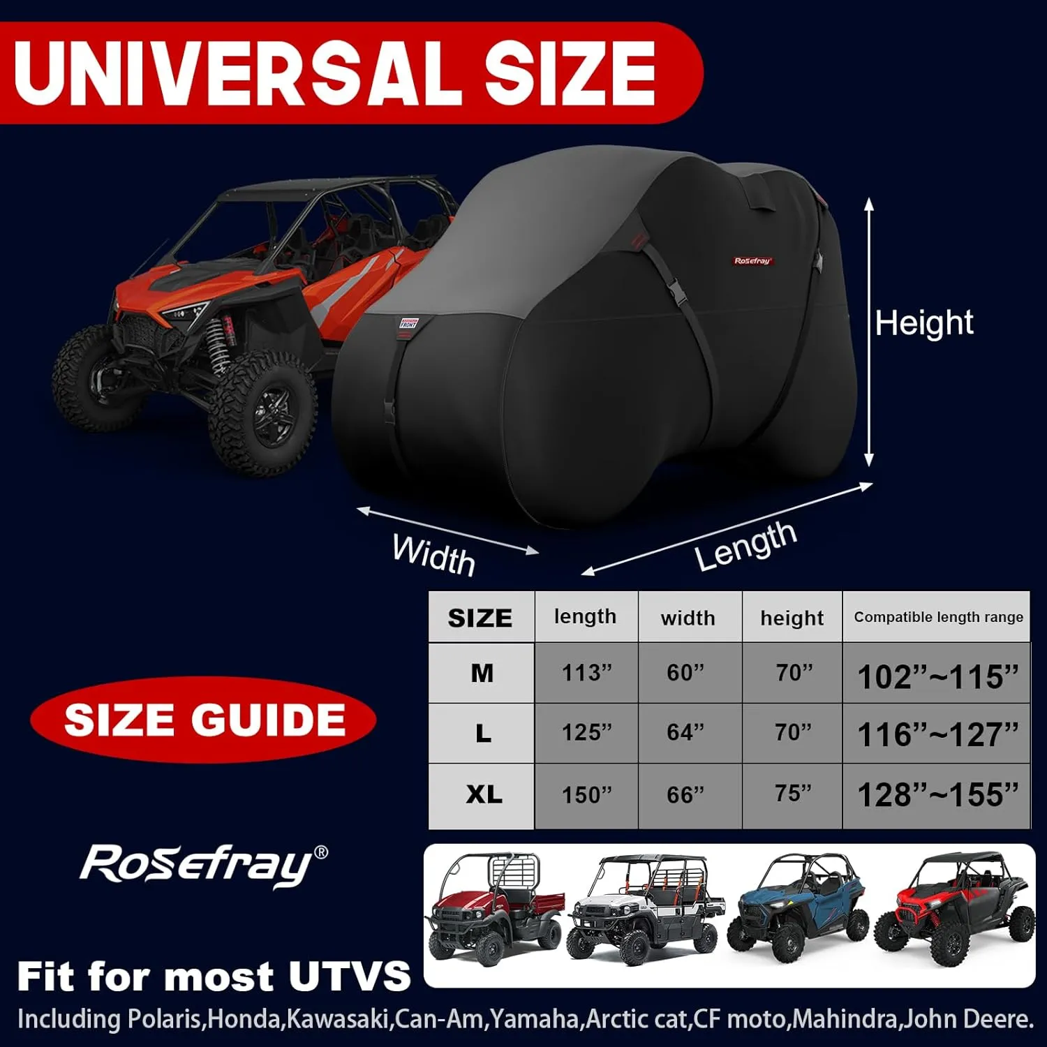 Rosefray UTV Cover, Waterproof 420D Heavy Duty Protection UTV Covers 2-3 Seater/4-6 Seater Compatible with Polaris Ranger RZR General PRO XP 4 Can-Am Maverick X3 Yamaha SxS XL Black/Gray