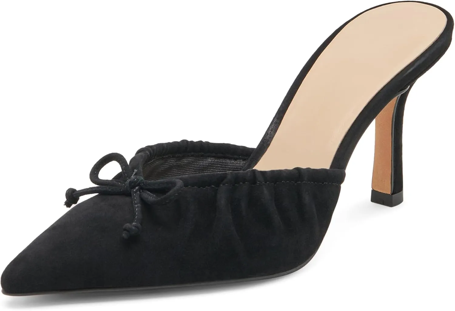 Ruched Kitten Heels for Women with Bows Comfortable Pointed Toe Mule Dressy Heels Sexy Slip on Stiletto Heels Pumps.