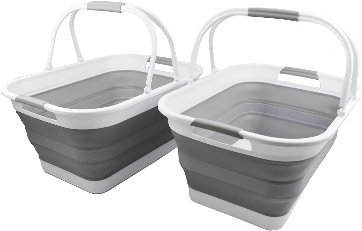 SAMMART 29L (7.6 gallons) Collapsible Plastic Washing Tub with Handle - Portable Outdoor Picnic Basket/Crater/Shopping Bag - Foldable Container/Hamper Space Saving Washtub (White/Grey (Set of 2))