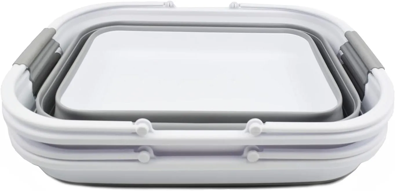SAMMART 29L (7.6 gallons) Collapsible Plastic Washing Tub with Handle - Portable Outdoor Picnic Basket/Crater/Shopping Bag - Foldable Container/Hamper Space Saving Washtub (White/Grey (Set of 2))