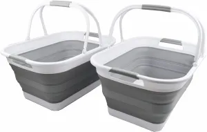 SAMMART 29L (7.6 gallons) Collapsible Plastic Washing Tub with Handle - Portable Outdoor Picnic Basket/Crater/Shopping Bag - Foldable Container/Hamper Space Saving Washtub (White/Grey (Set of 2))