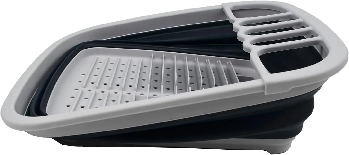 SAMMART 8L (2.11Gallons) Collapsible Plastic Dish Drainer - Foldable Drying Rack Set - Portable Dinnerware Organizer - Space Saving Dishes and Utensil Kitchen Storage(Grey/Slate Grey)