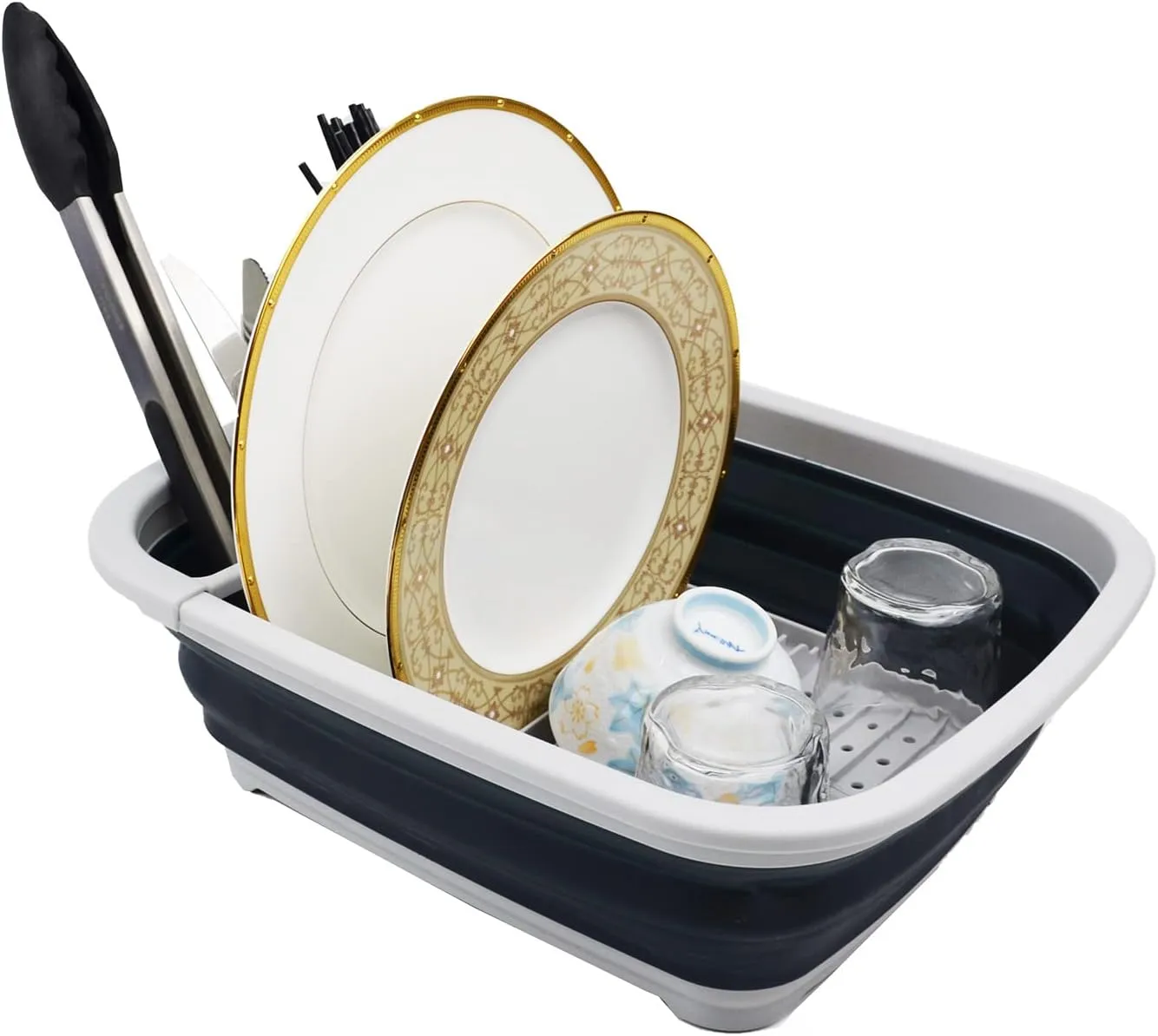 SAMMART 8L (2.11Gallons) Collapsible Plastic Dish Drainer - Foldable Drying Rack Set - Portable Dinnerware Organizer - Space Saving Dishes and Utensil Kitchen Storage(Grey/Slate Grey)