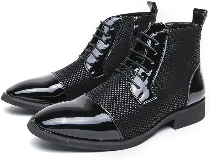Santimon Men's Patent Leather Lace-Up Oxford Boots Houndstooth Print Zipper Dress Tuxedo Ankle Motorcycle Boots