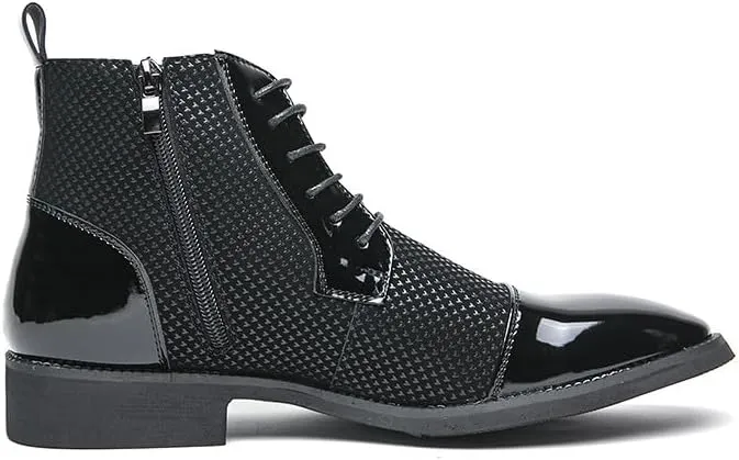 Santimon Men's Patent Leather Lace-Up Oxford Boots Houndstooth Print Zipper Dress Tuxedo Ankle Motorcycle Boots