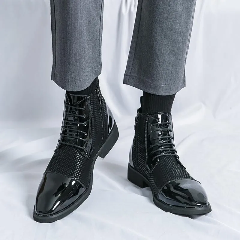 Santimon Men's Patent Leather Lace-Up Oxford Boots Houndstooth Print Zipper Dress Tuxedo Ankle Motorcycle Boots
