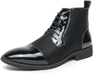 Santimon Men's Patent Leather Lace-Up Oxford Boots Houndstooth Print Zipper Dress Tuxedo Ankle Motorcycle Boots