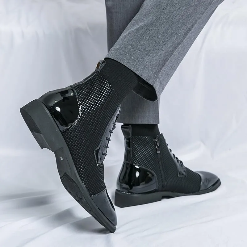 Santimon Men's Patent Leather Lace-Up Oxford Boots Houndstooth Print Zipper Dress Tuxedo Ankle Motorcycle Boots