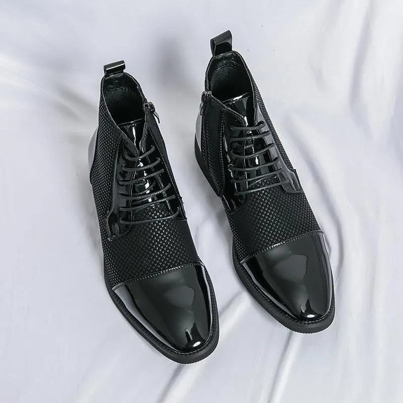 Santimon Men's Patent Leather Lace-Up Oxford Boots Houndstooth Print Zipper Dress Tuxedo Ankle Motorcycle Boots