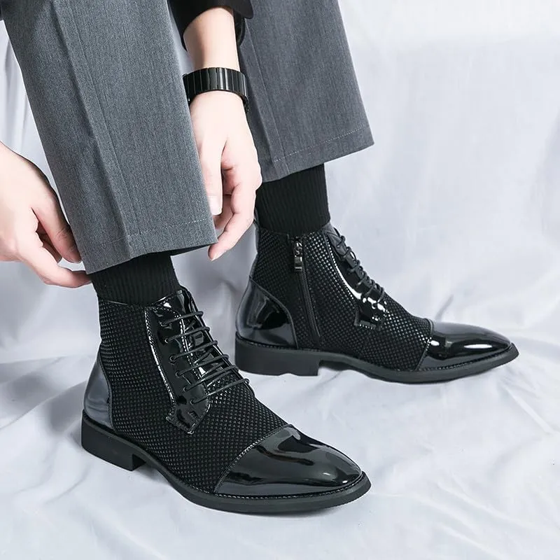 Santimon Men's Patent Leather Lace-Up Oxford Boots Houndstooth Print Zipper Dress Tuxedo Ankle Motorcycle Boots