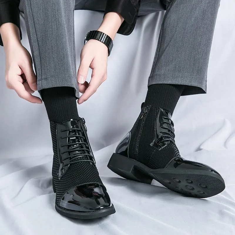 Santimon Men's Patent Leather Lace-Up Oxford Boots Houndstooth Print Zipper Dress Tuxedo Ankle Motorcycle Boots