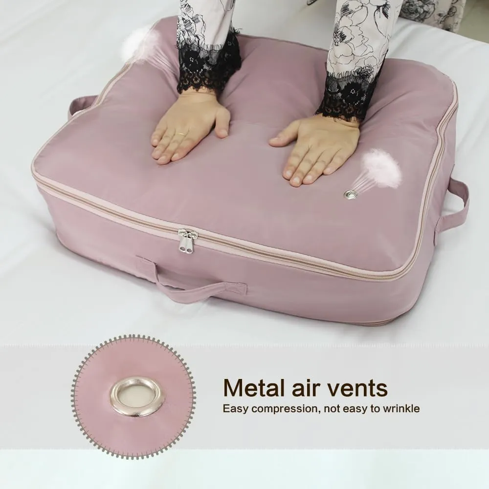 Self Compression Storage Bags with Zipper, (pink) - Heavy Duty Fabric Space Saver for Blankets, Comforters & Clothes - No Vacuum Needed, Foldable & Reusable for Home & Dorm Organization