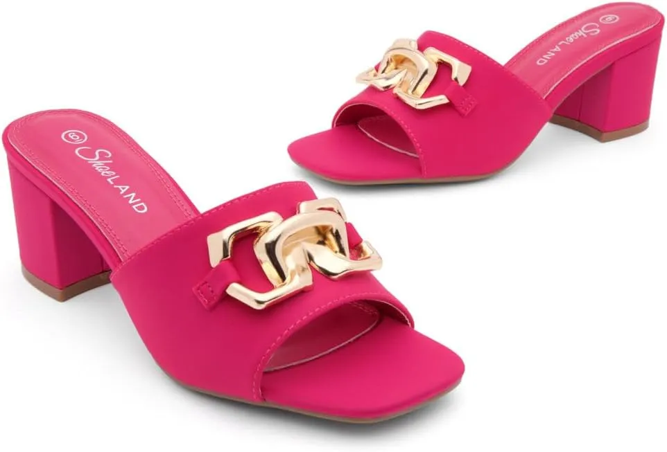 Shoe Land Women’s Low Block Heels – Square Open Toe Slip-On Mules, Slides & Sandals with Metal Chain | Casual & Dressy Chunky Heels for Wedding, Prom & Everyday