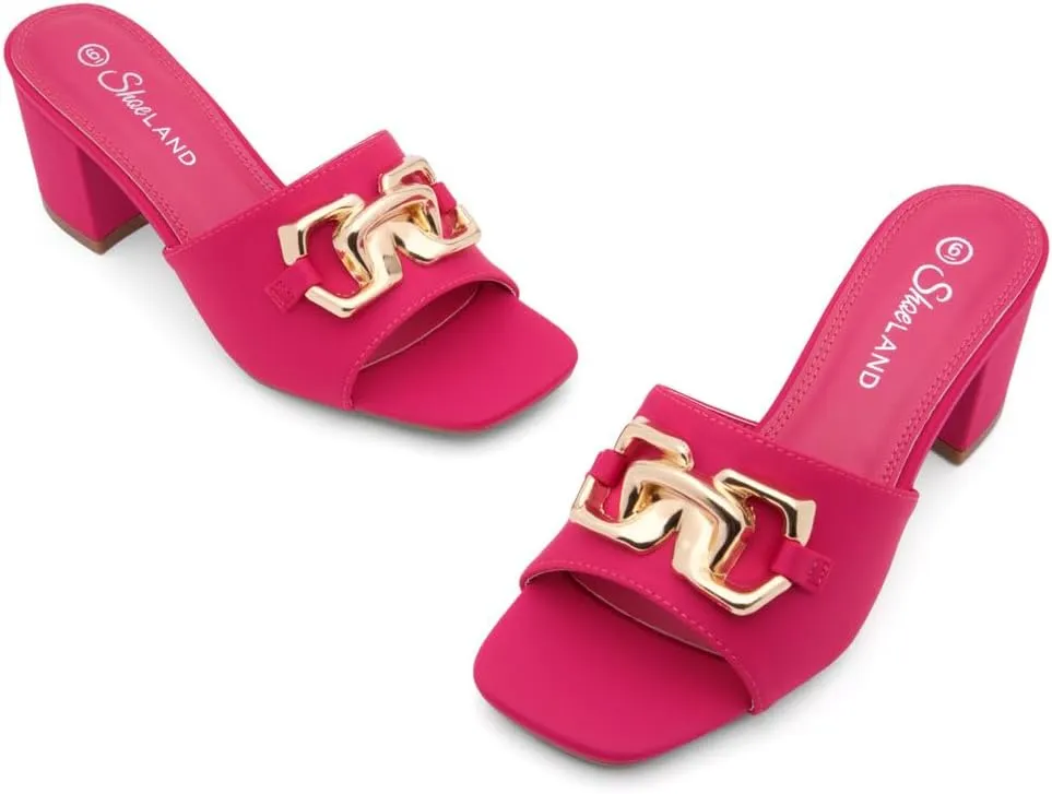 Shoe Land Women’s Low Block Heels – Square Open Toe Slip-On Mules, Slides & Sandals with Metal Chain | Casual & Dressy Chunky Heels for Wedding, Prom & Everyday