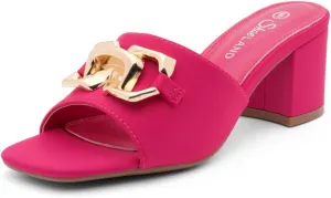 Shoe Land Women’s Low Block Heels – Square Open Toe Slip-On Mules, Slides & Sandals with Metal Chain | Casual & Dressy Chunky Heels for Wedding, Prom & Everyday