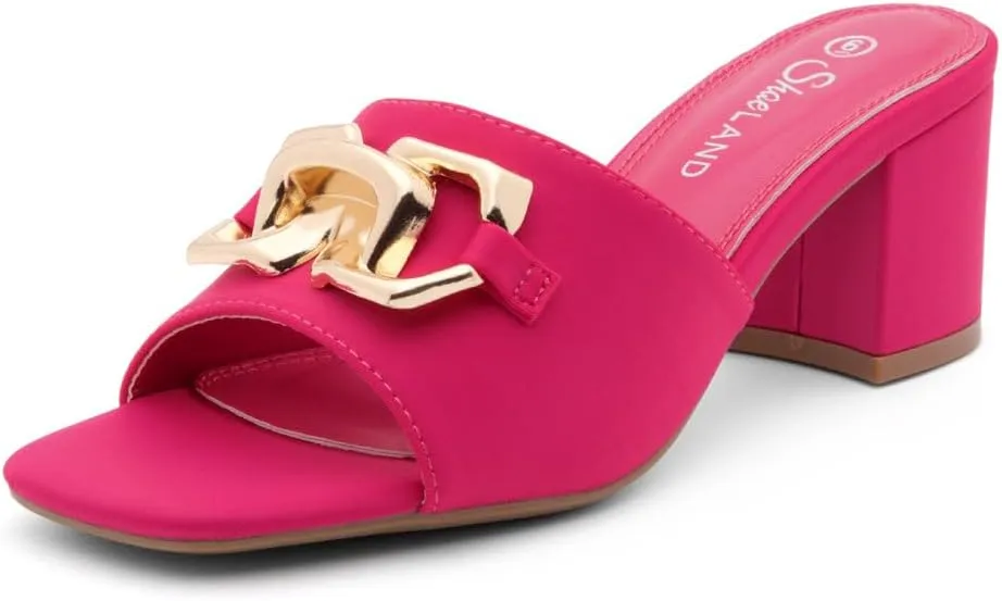 Shoe Land Women’s Low Block Heels – Square Open Toe Slip-On Mules, Slides & Sandals with Metal Chain | Casual & Dressy Chunky Heels for Wedding, Prom & Everyday