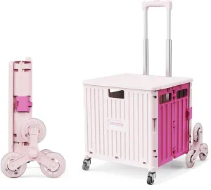 Shopping Trolley Box on Wheels, Plastic Book Trolley Secure Lid 50kg Loading 65L Capacity Collapsible climbing stairs Grocery Bags for Shopping, Moving, Storage, Office T (Pink 45L)