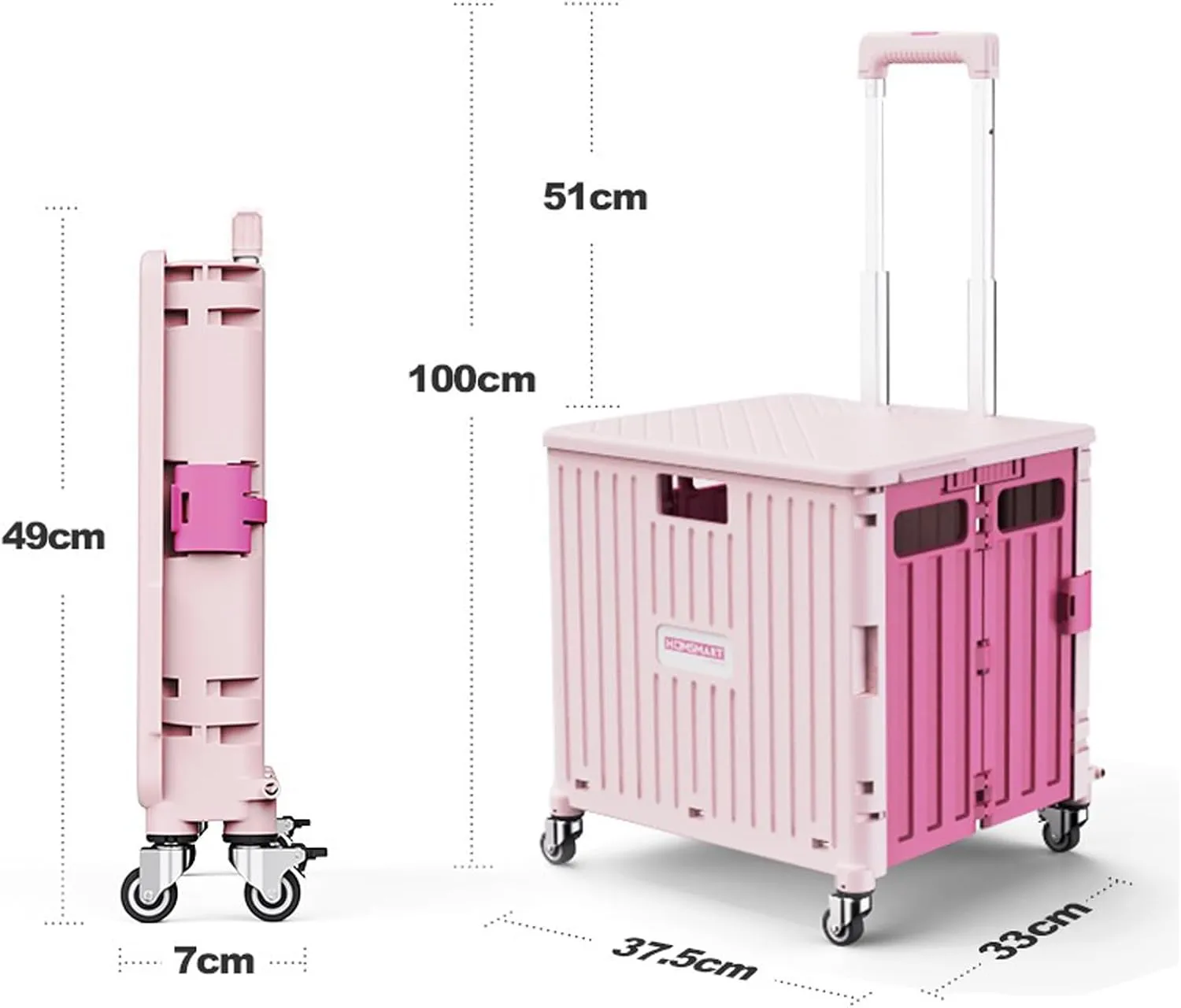 Shopping Trolley Box on Wheels, Plastic Book Trolley Secure Lid 50kg Loading 65L Capacity Collapsible climbing stairs Grocery Bags for Shopping, Moving, Storage, Office T (Pink 45L)