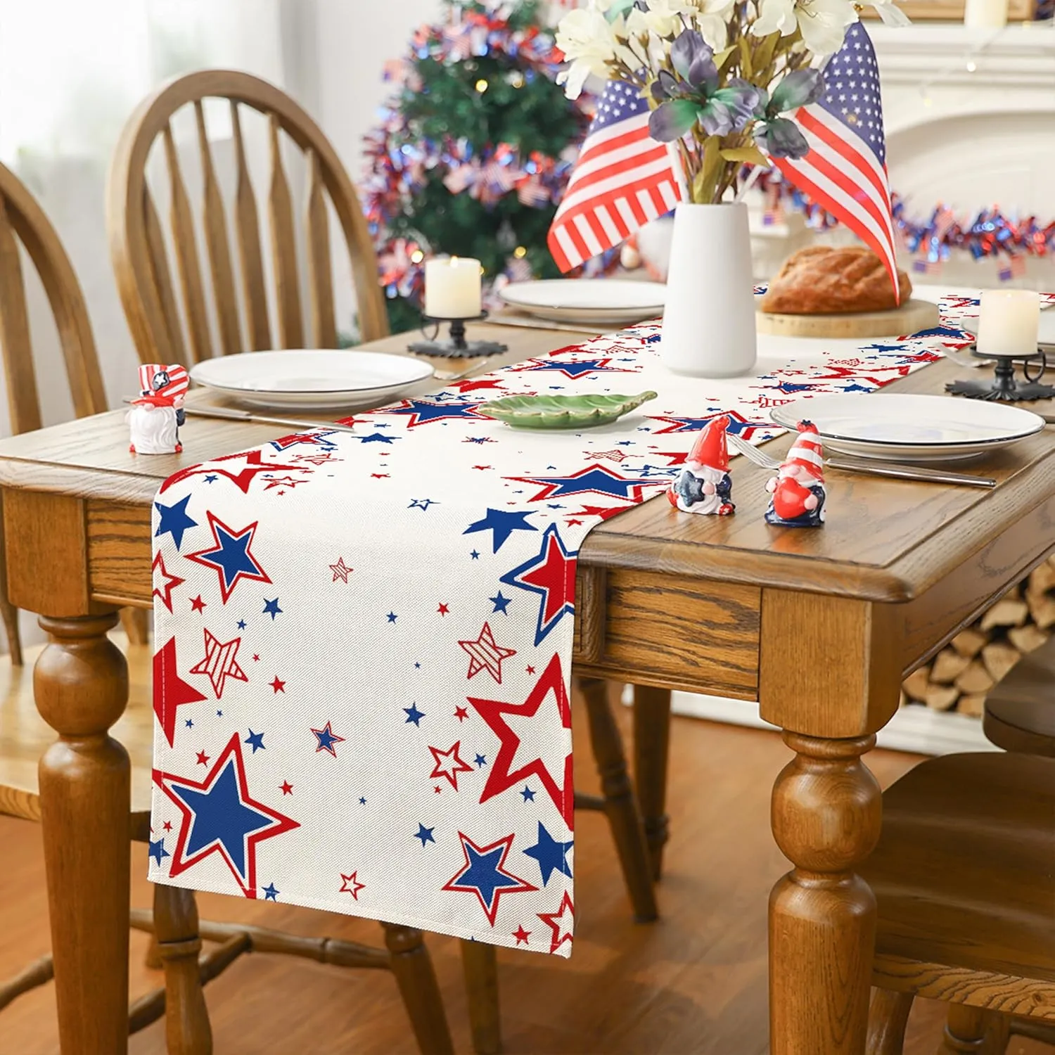 Siilues 4th of July Table Runner, Star Patriotic Decorations Memorial Day Deocr for Home Indoor Outdoor Party Dinning Table Decorations 13x120 Inch