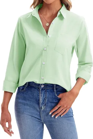 siliteelon Womens Button Down Shirts Long Sleeve Collared Office Work Blouses Tops with Pocket Oxford Shirts