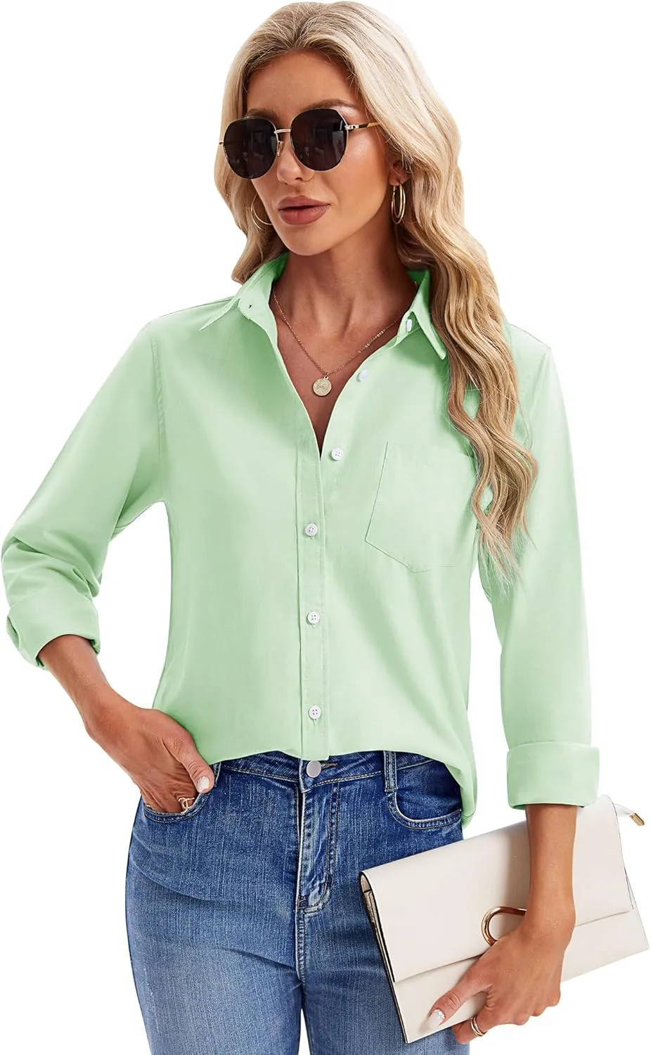 siliteelon Womens Button Down Shirts Long Sleeve Collared Office Work Blouses Tops with Pocket Oxford Shirts