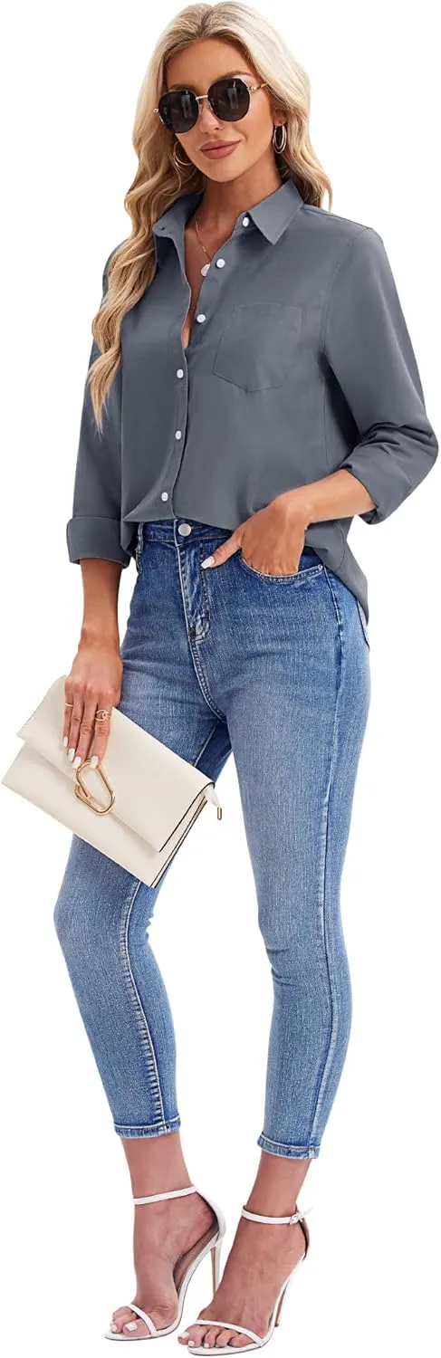 siliteelon Womens Button Down Shirts Long Sleeve Collared Office Work Blouses Tops with Pocket Oxford Shirts